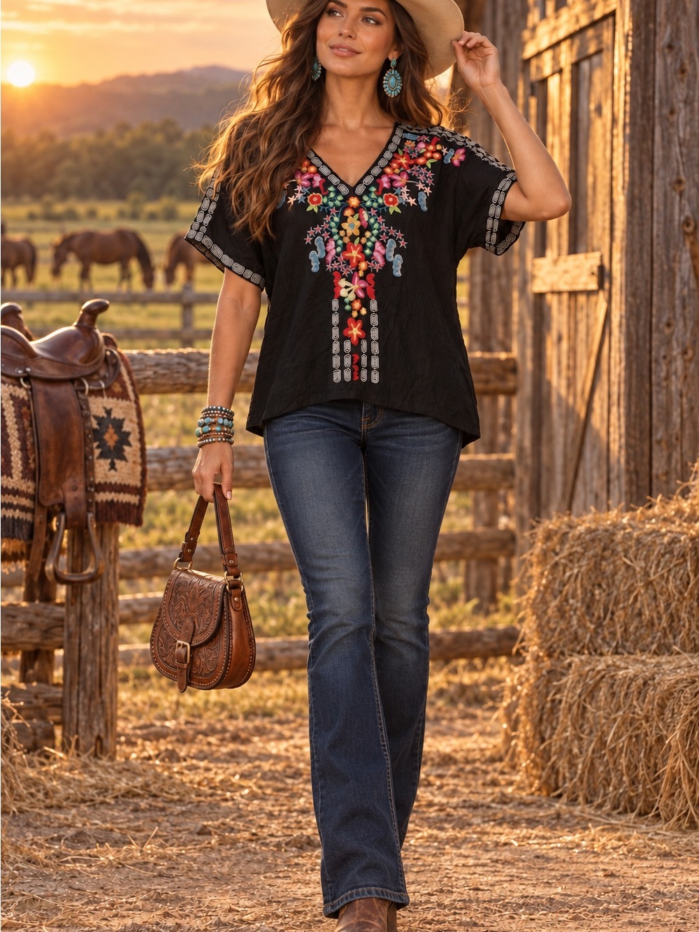 Embroidered Black V-Neck Women's b Outfit